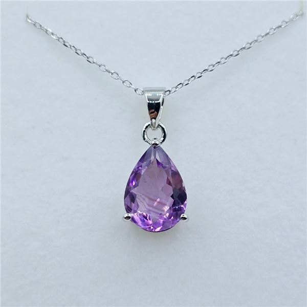 Sterling Silver Natural Amethyst (4ct) Pear Shape Pendant With Sterling Silver Chain, W/A $670.00.
