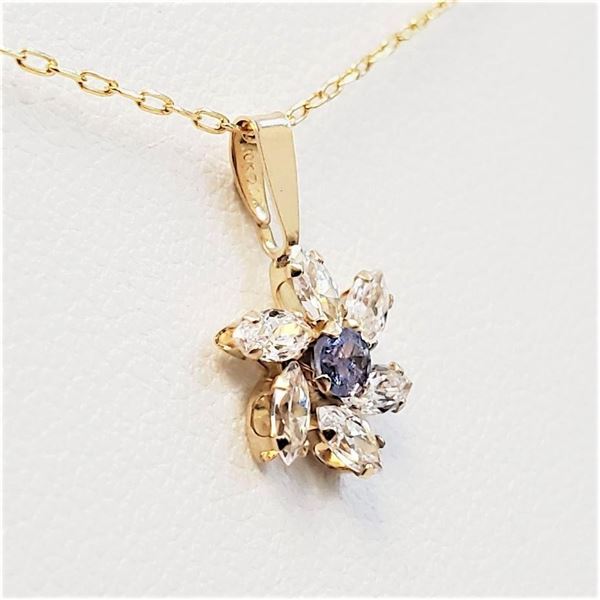 10KT Yellow Gold Natural Tanzanite and CZ Flower Pendant with Gold Plated Sterling Silver Chain, Ret