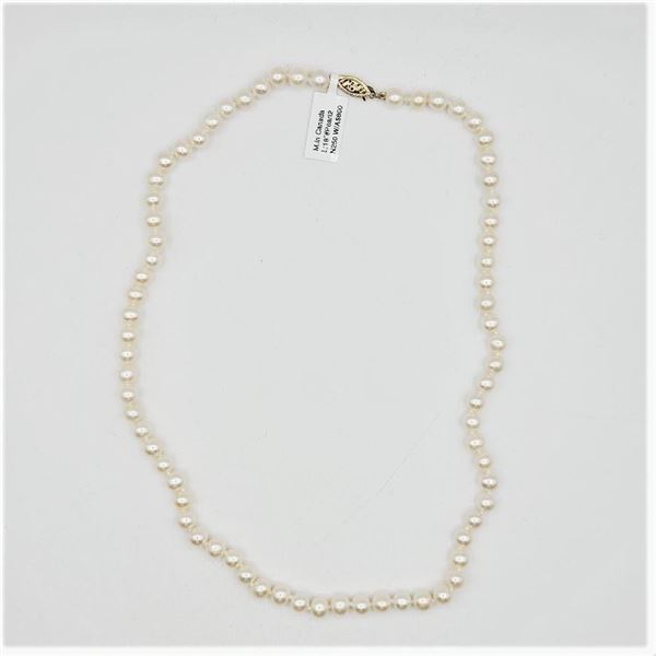 14KT Yellow Gold Filigre 7.5-7mm Pearl 17" Necklace, W/A $1000.00.