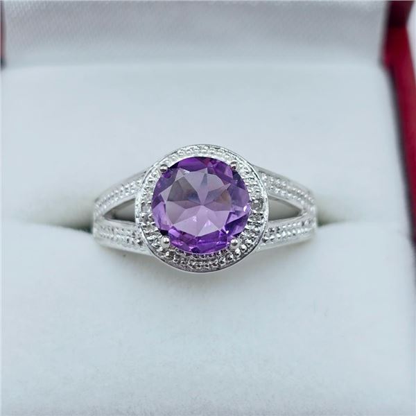 Sterling Silver Natural Amethyst (1.5ct) with Natural Diamond (0.01ct) Ring, Size 8, W/A $600.00. Am