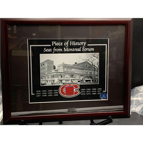 PIECE OF HISTORY FRAMED PHOTO OF MONTREAL FORUM WITH AUTHENTIC SEAT PIECE WITH CERTIFICATE OF AUTHEN
