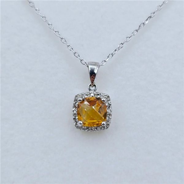 Sterling Silver Natural Citrine (1.4ct) and Diamond (0.02ct) Pendant With Sterling Silver Chain, W/A