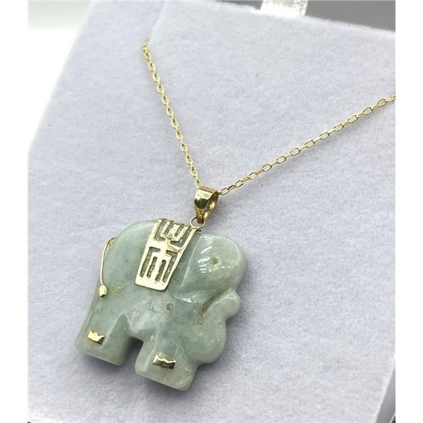 14KT Yellow Gold Jadeite Elephant Pendant With Gold Plated Sterling Silver Chain, Retail $500.00.
