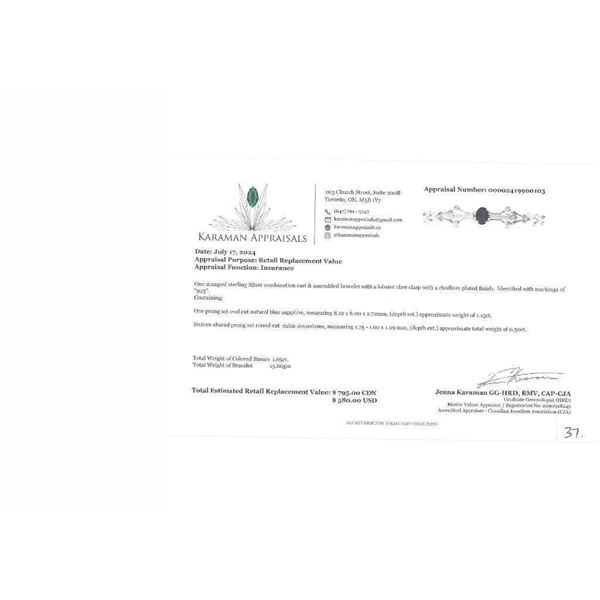 Sterling Silver Natural Blue Sapphire (1.15ct) with CZ (0.50ct) Bracelet, W/A $795.00. Sapphire is t