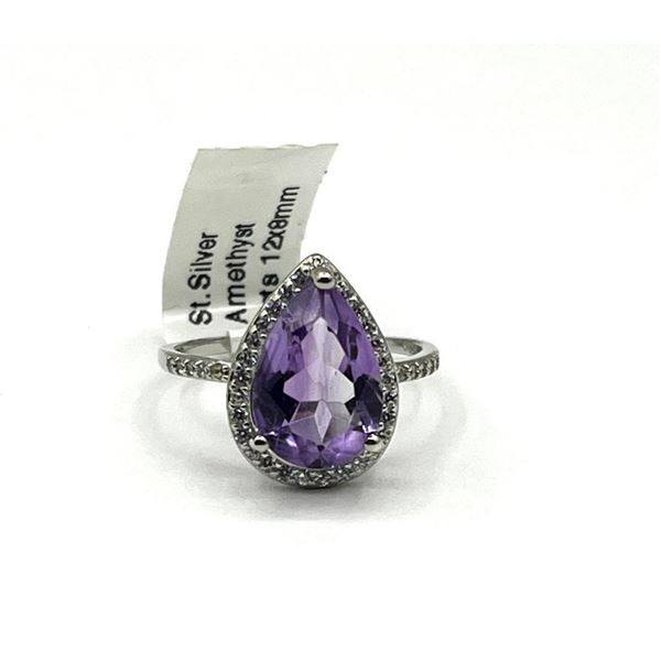 Sterling Silver Natural Amethyst (4ct) with CZ (0.35ct) Ring, Size 5.75, W/A $500.00. Amethyst is th