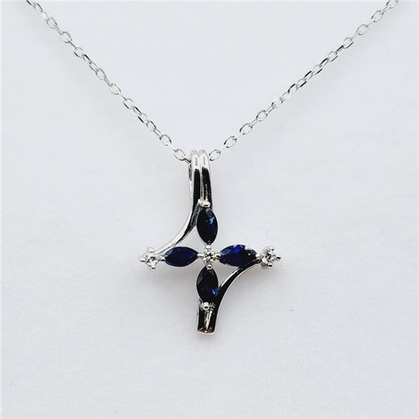 Sterling Silver Natural Blue Sapphire (0.30ct) and CZ (0.60ct) Pendant With Sterling Silver Chain, W