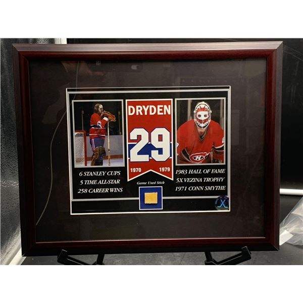 KEN DRYDEN #29  - COLLECTOR FRAMED PICTURE WITH AUTHENTIC GAME USED STICK PIECE: issued by: GREATS O