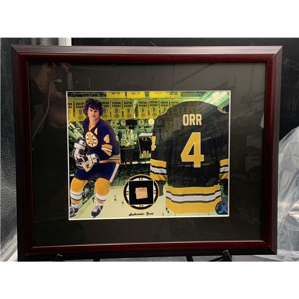 BOBBY ORR #4 - COLLECTOR FRAMED PICTURE WITH AUTHENTIC GAME USED STICK PIECE: issued by: GREATS OF T