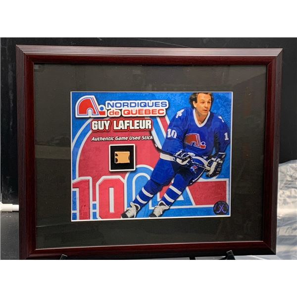 GUY LAFLEUR NORDIQUES #10 - COLLECTOR FRAMED PICTURE WITH AUTHENTIC GAME USED STICK PIECE: issued by