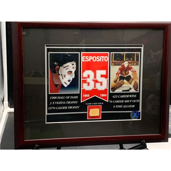 ESPOSITO #35 1968-1984 - COLLECTOR FRAMED PICTURE WITH AUTHENTIC GAME USED STICK PIECE: issued by: G