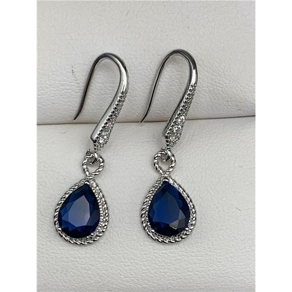 Blue Sapphire Tear Drop Cut Ladies .925 Silver Earring Set