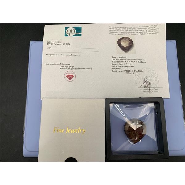 130.40 CARAT INTENSE DEEP BROWN NATURAL SAPPHIRE IN PEAR SHAPE 38.7 X 34.96 X 10.62 mm RETAIL VALUE 
