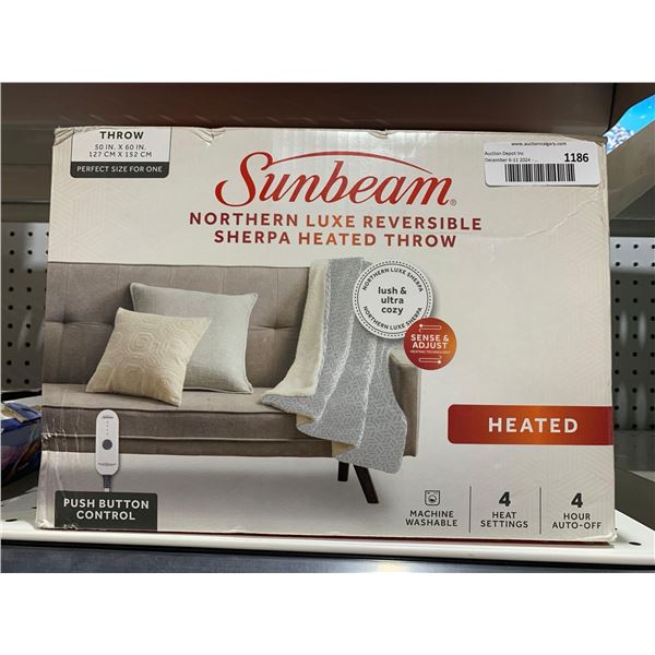 Sunbeam Northern Luxe Reversible Sherpa Heated Throw, 4 hour auto-off, 4 heat settings (50in x 60in)