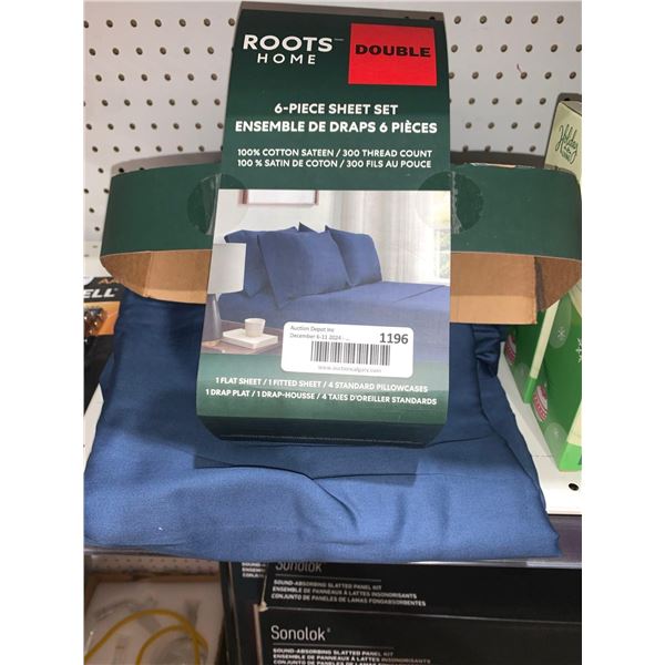 Roots Home Double 6pc Sheet Set, Cotton Sateen 300 Thread Count, Blue