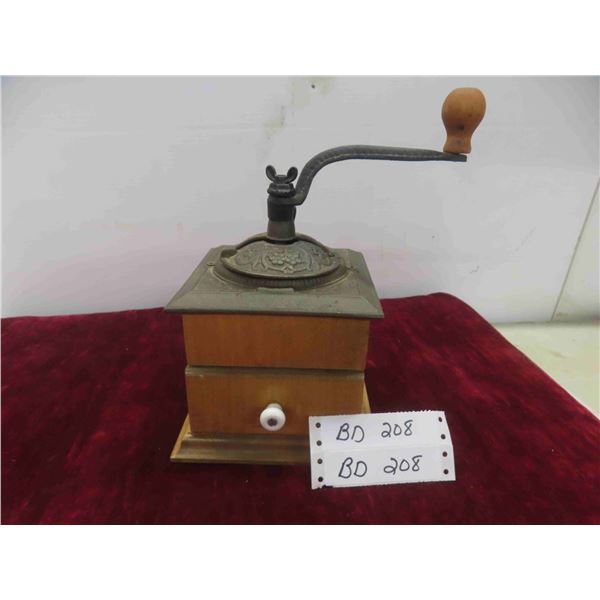 Antique Coffee Grinder Wood/Cast Iron Construction. Works! 
