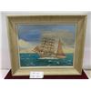 Image 1 : Vintage Framed Original Oil Painting of A Large Sailing Ship at 