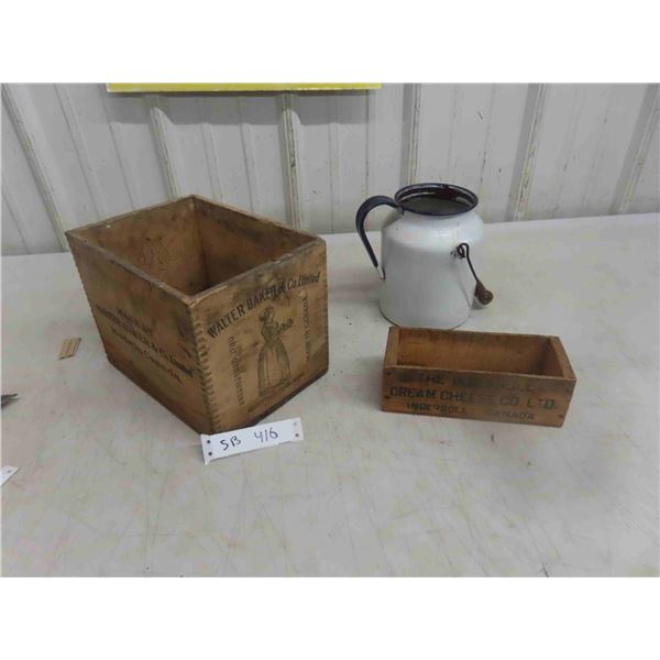 Walter Baker Crate Cheese Box , Enamel Pitcher