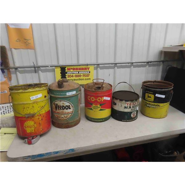 (5) 5 Gallon Oil / Grease Pails : John Deere, Texaco,