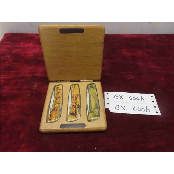 3 Pocket Knives in Wood Case (Blade Length) 2.5'' (Total Length) 6'' 