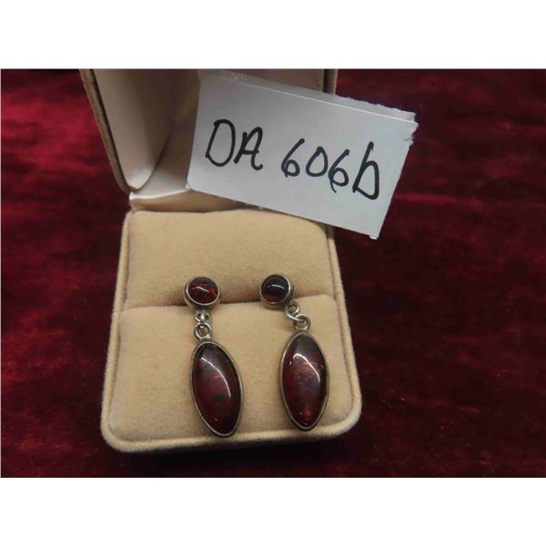 Antique Sterling Silver and Baltic Amber Drop Stud Earrings 