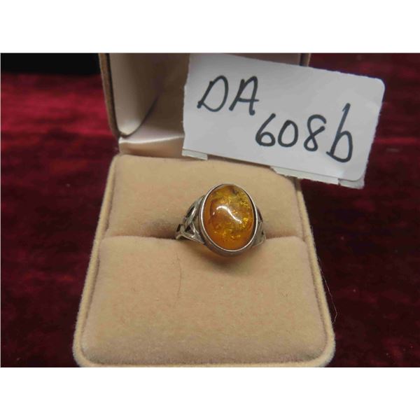 Vintage Sterling Silver + Baltic Amber Oval Ring Size 6