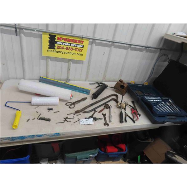 Squeegees, Grease Guns, Wrecking Bars, Drill Bits, 