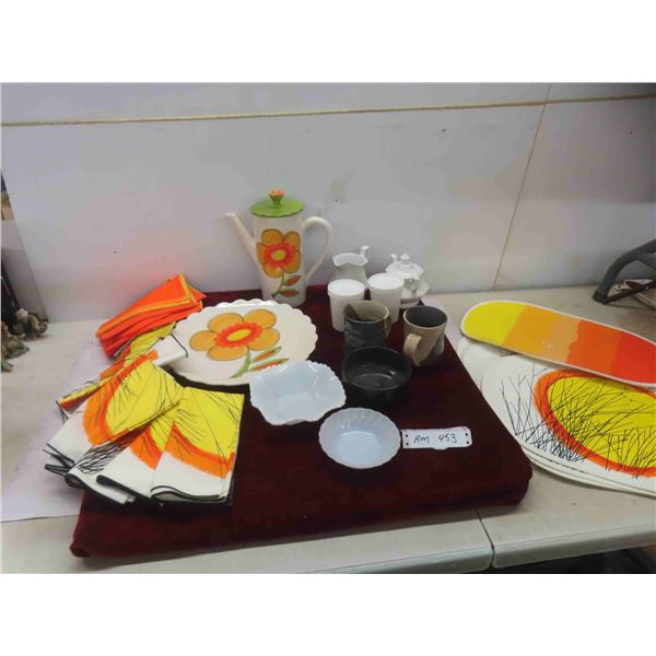 Coffee Pot with Matching Plate, Napkins, Creamer, Sugar Bowl, 