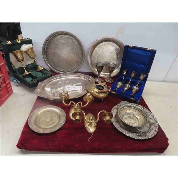 Silver Plated Trays, Goblets, Brass Candle 