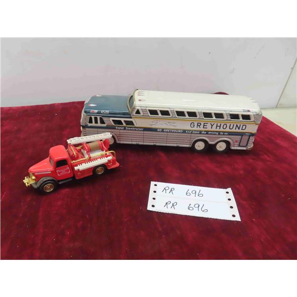 1960s Toy Tin Friction Greyhound Bus, Fire Truck 