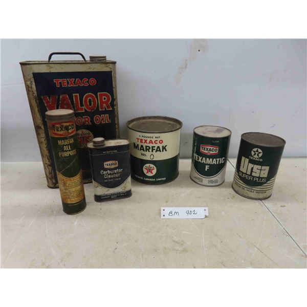5 Texaco Cans: Oil, Marfak, Tranny Fluid, Carb Cleaner, 
