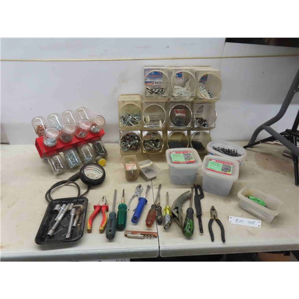 Glass Jar and Metal Organizer Bins of Fasteners, 