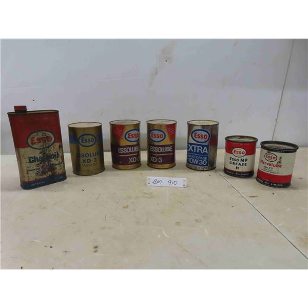 7 Esso Cans: Oil, Grease, Chain Oil, Some with Product