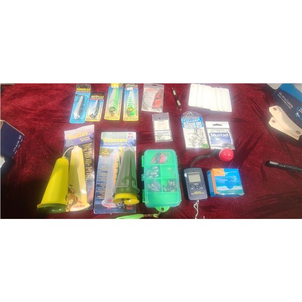 MISC LOT OF FISHING GEAR, LURES, HOOKS, DIGITAL SCALE