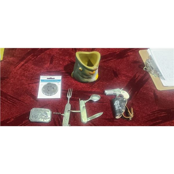 REMINGTON BELT BUCKLE, CAP GUN, CAMPING UTENSIL