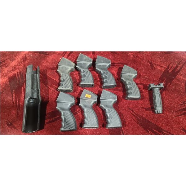 SEVEN PISTOL GRIPS AND ONE FOREGRIP FOR SHOTGUN-UNKNOWN