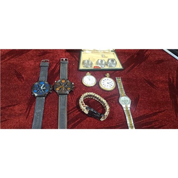 TWO NEW ORANEW WATCHES AND TWO POCKET WATCHES AND ONE SEUDO BRANDED WATCH