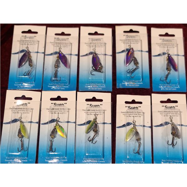 TEN SVEN TREBLE HOOK SPINNERS - FIVE ARE PURPLE AND SILVER AND FIVE ARE GREEN AND SILVER
