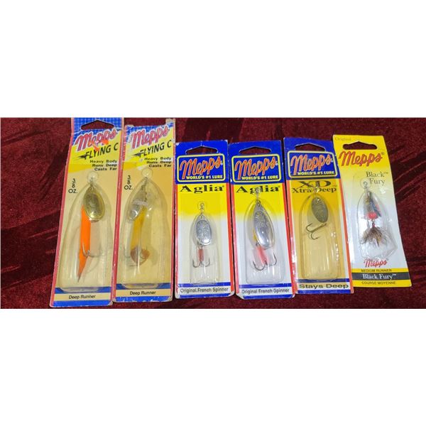 SIX MEPPS - TWO FLYING DEEP RUNNER 3/8OZ, TWO AGALIA (ORIGINAL FRENCH SPINNER) , XD XTRA DEEP AND ME
