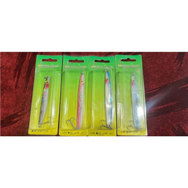 FOUR MINNOW LURES WITH TREBLE HOOKS - THREE ARE 1/2 AND 1/3 AND 3/8