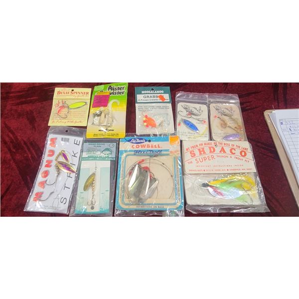 NINE ASSORTED SHDACO, LES DAVIS, SWISS WING, DIXIE SPINNER, MISTER TWISTER, MOOSALAMOO, AND MAGNUM S