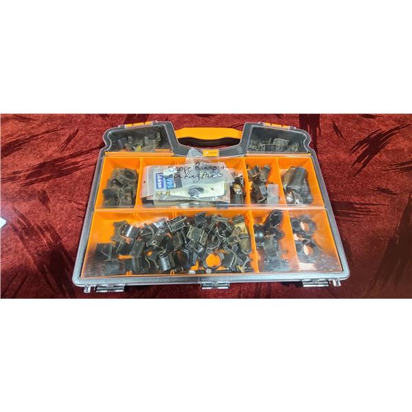 LARGE LOT OF SCOPE RINGS AND SCOPE RING PARTS IN KUBOTA PARTS BOX