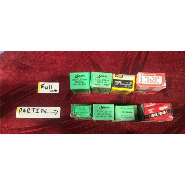 LOT OF .22 CAL BULLETS FOUR FULL BOXES AND FOUR PARTIAL BOXES