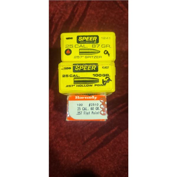 .25CAL (257) BULLETS QTY100 60GR FLAT POINT,- QTY62 100GR HP AND QTY9 87GR SPITZER