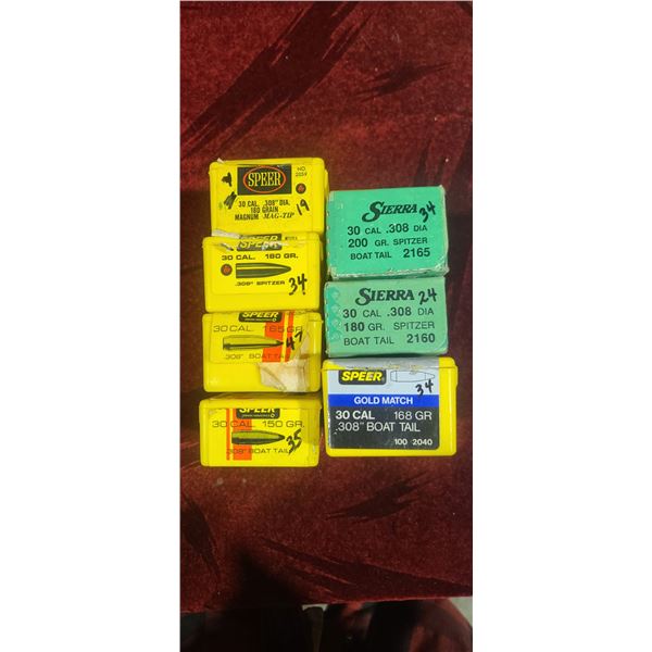 30CAL (.308) MIXED GRAIN BULLET LOT : QTY35 150GR BT - QTY47 165GR BT - QTY34 180GR SPITZER, QT19 18