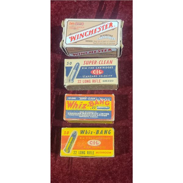 FOUR FULL VINTAGE BOXES OF .22LR INCLUDING MUSHROOMING .22LR