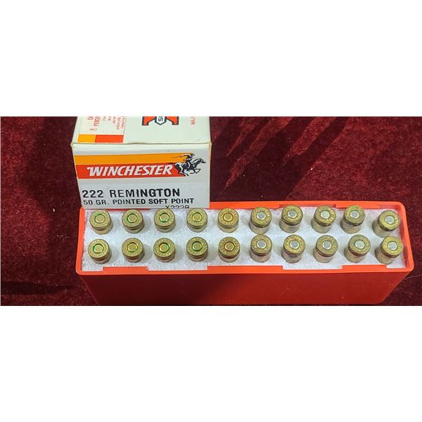 20 ROUNDS OF .222 REMINGTON 8 OF THEM ARE 50GR. PSP AND OTHER 12 ARE UNKNOWN