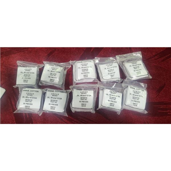 10 BAGS OF 50 (TOTAL 500) COTTON SWABS .30, .50CAL , 12GA