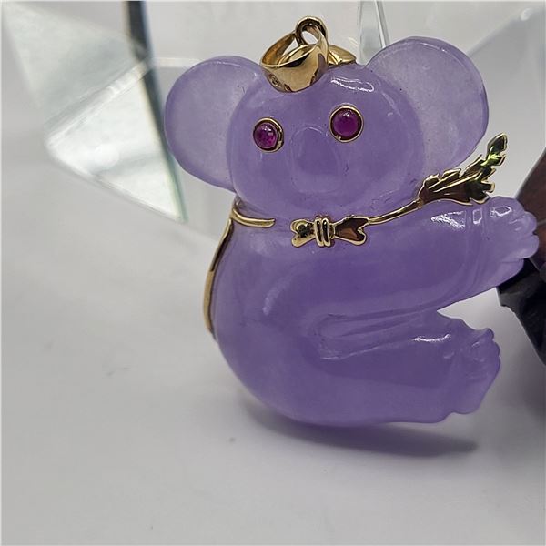 Lavender Jade Koala Bear Pendant with Ruby Eyes