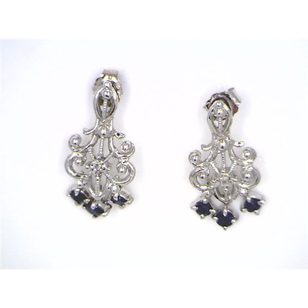 14K White Gold and Blue Sapphire Dangling Earrings