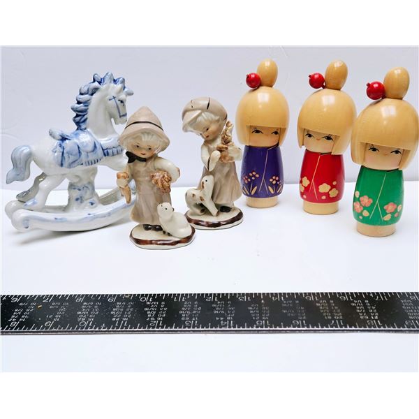 3 KOKESHI WOOD DOLLS 2 CUTE PORCELAIN KIDS